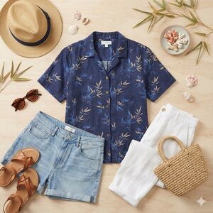 Analog Dark Blue Leaf Print Button Down Shirt